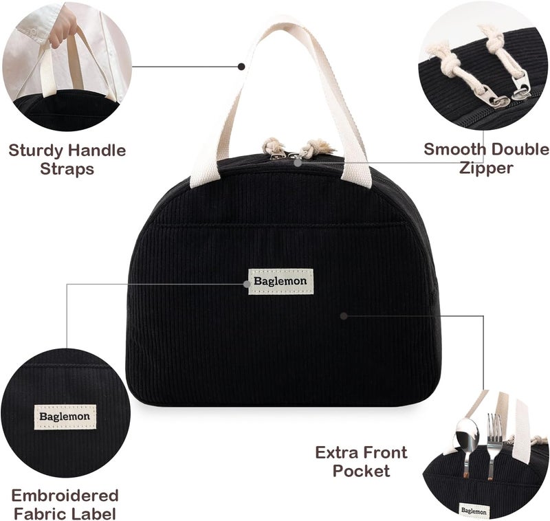 Baglemon Lunch Bag for Women Men Cute Corduroy Lunch Tote Bags Reusable Insulated Lunch Box Large Capacity Reusable Insulated Cooler for Work/Picnic/Travel - Image 4